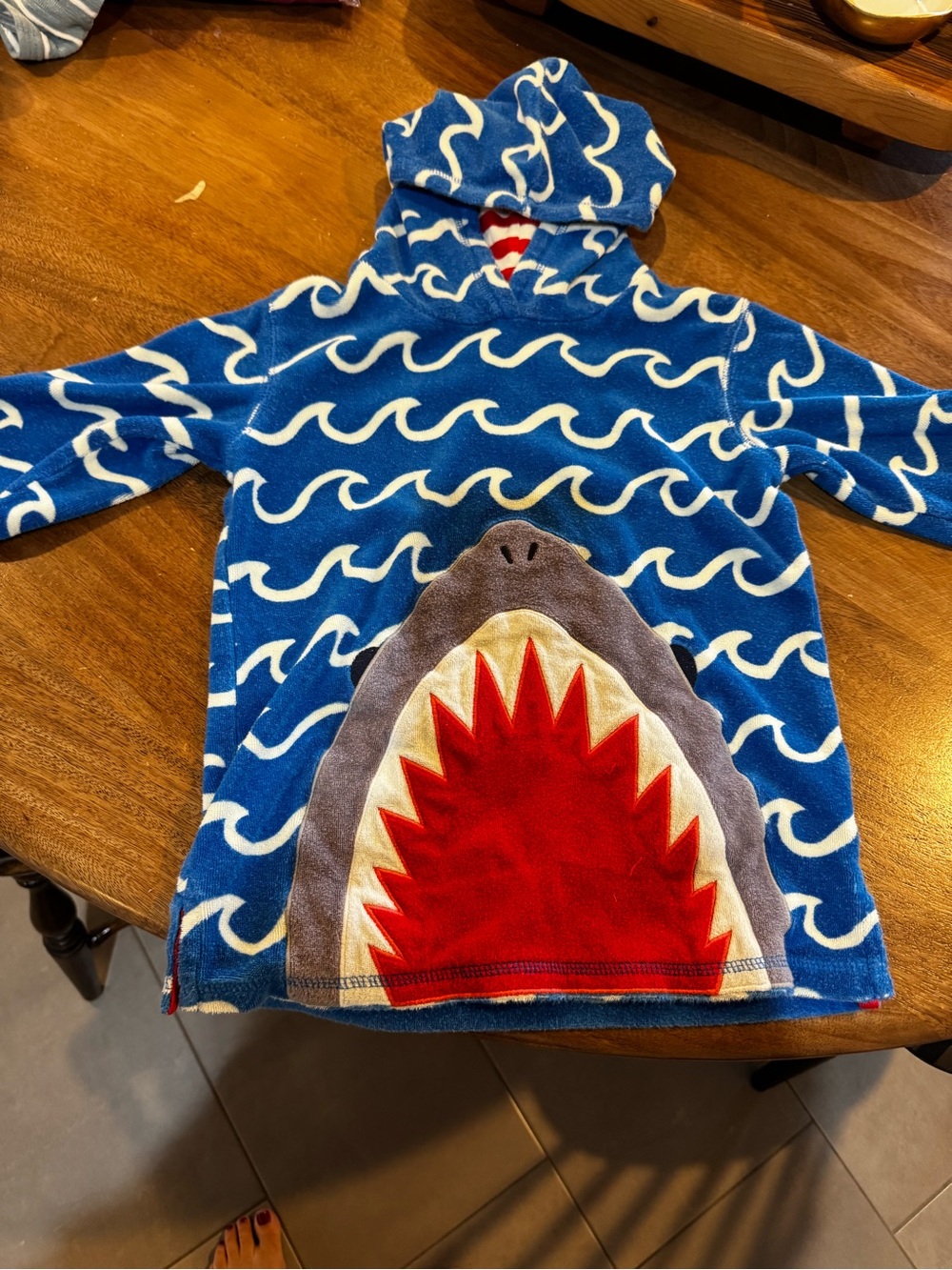 Mini Boden Blue Shark Hooded Kids Toweling coverup